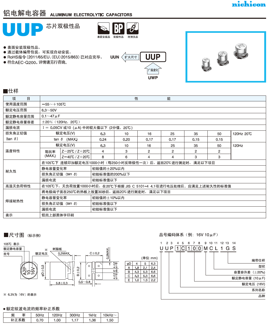 UUP標準品鋁電解電容代碼說明 UUP標準品鋁電解電容代碼說明